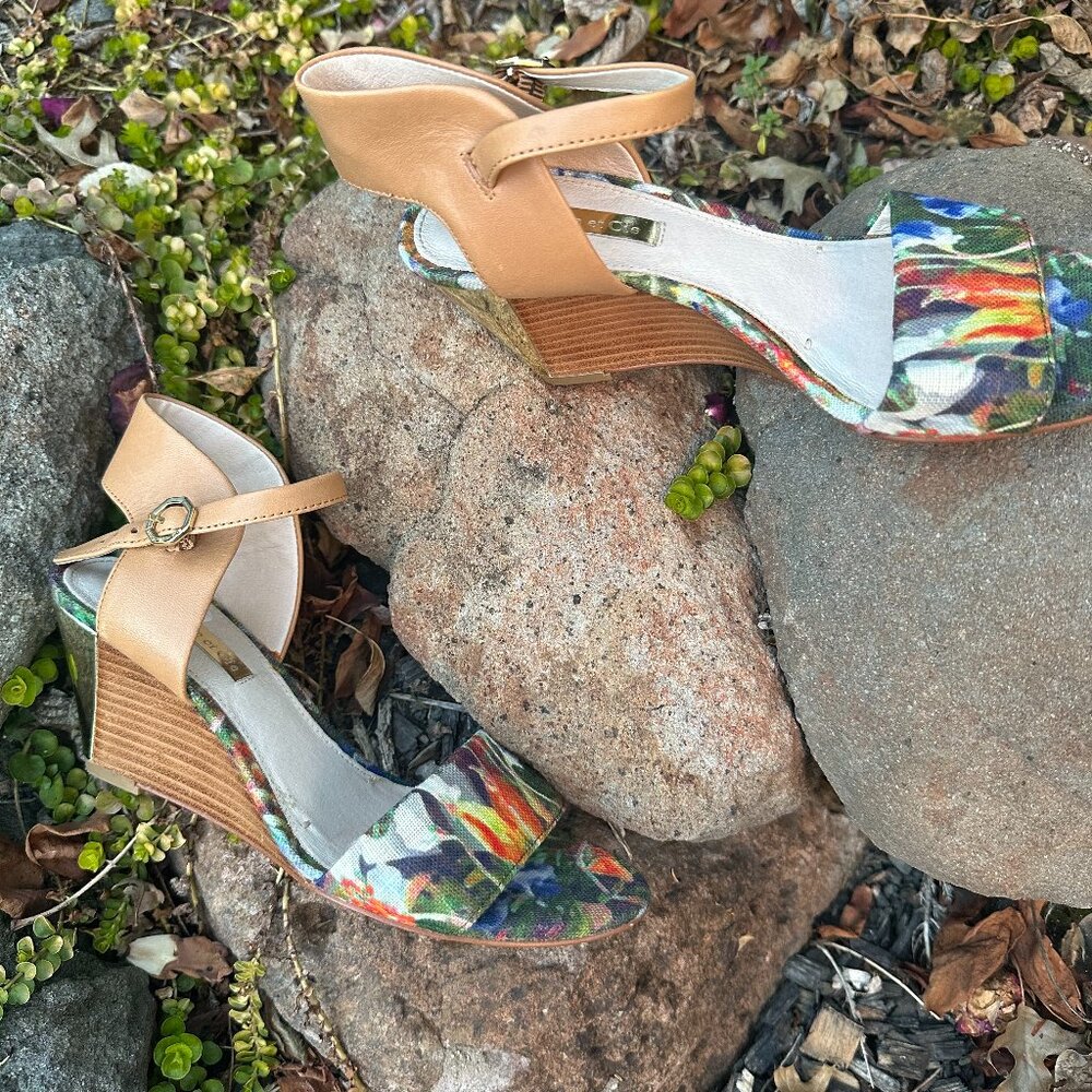 Louise et Cie Floral Wedge Heels | Gold Heel Leather Ankle Strap Sandals Size 6 - Picture 4 of 10